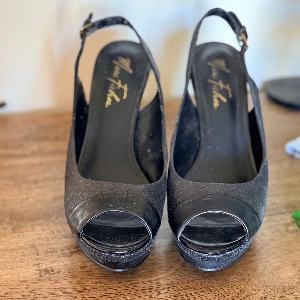 Marc Fisher Slingback Heels Women 8M Black‎ Glitter Peep Toe Platform Pump 5179